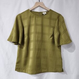 Olive Satin Womens Flutter‎ Sleeve Top Size XS Windowpane Contemporary Modern